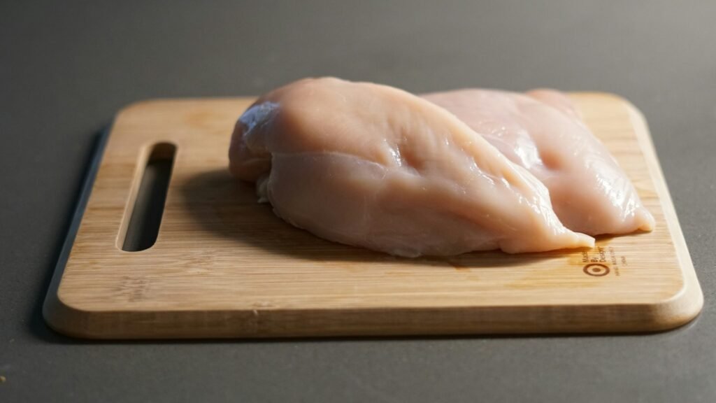 Pechuga de pollo fresca sobre tabla de cortar